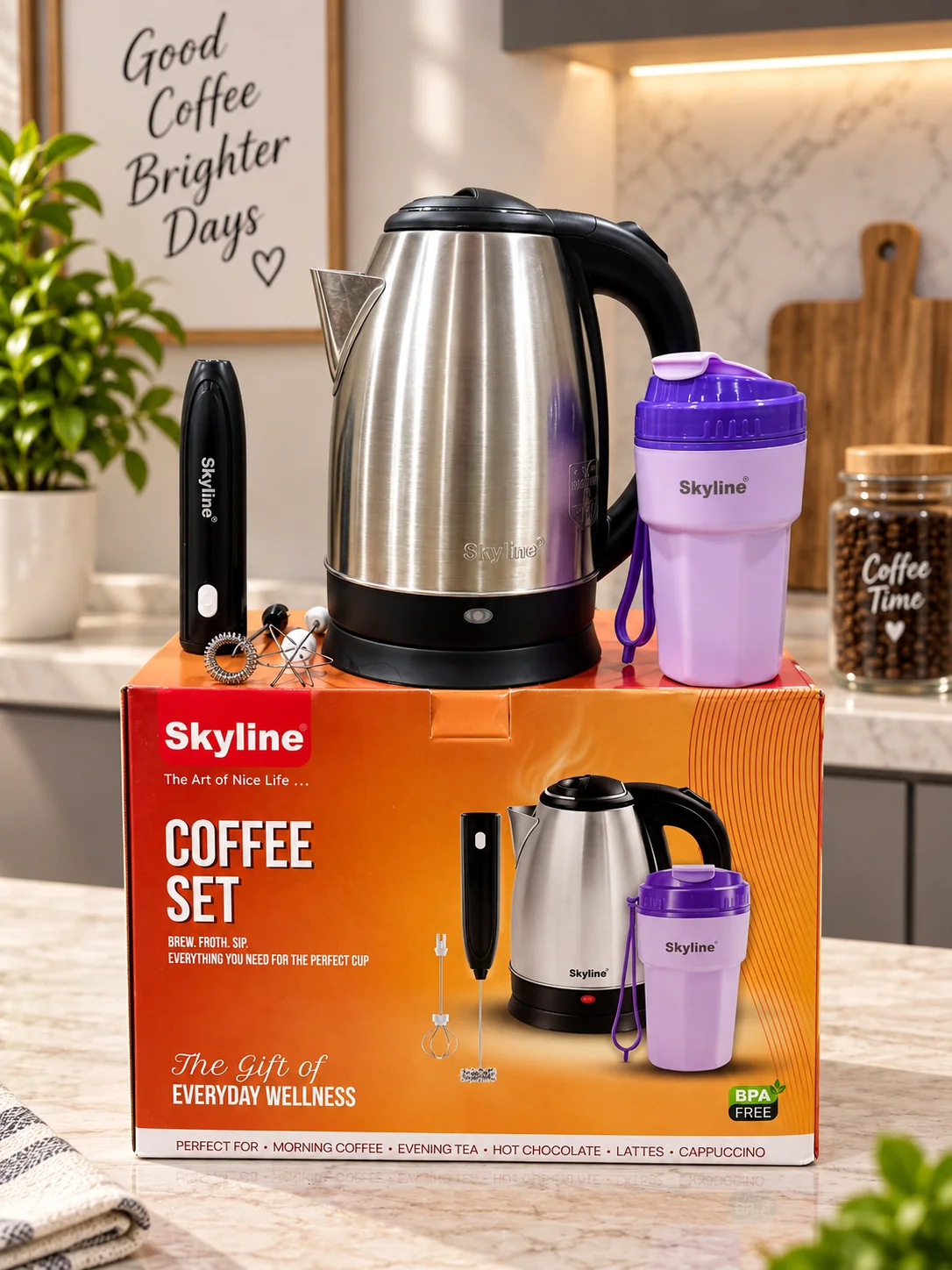 Electric Kettle, Wireless Milk Frother & Coffee Sipper Combo