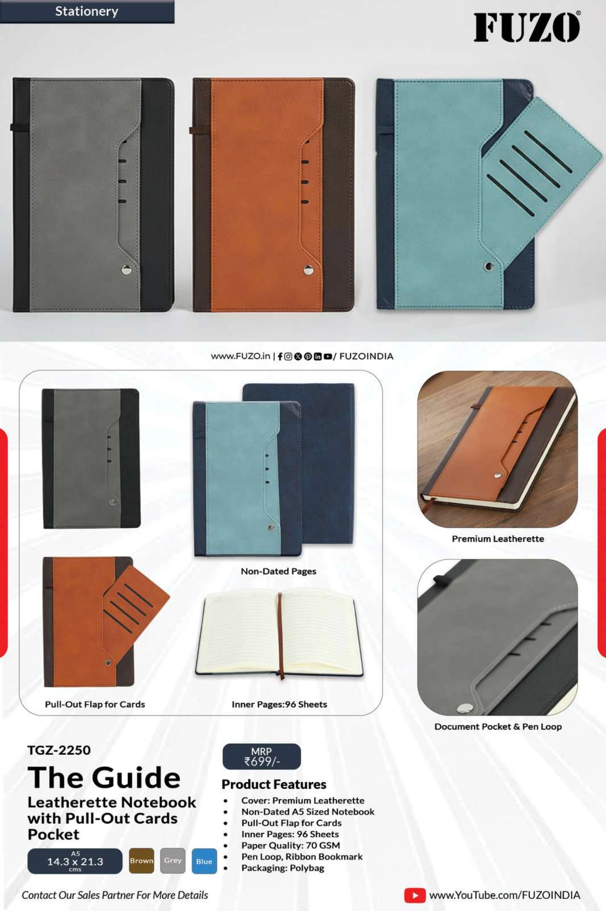 TGZ-2250 The Guide Leatherette Notebook with Pull-Out Cards Pocket