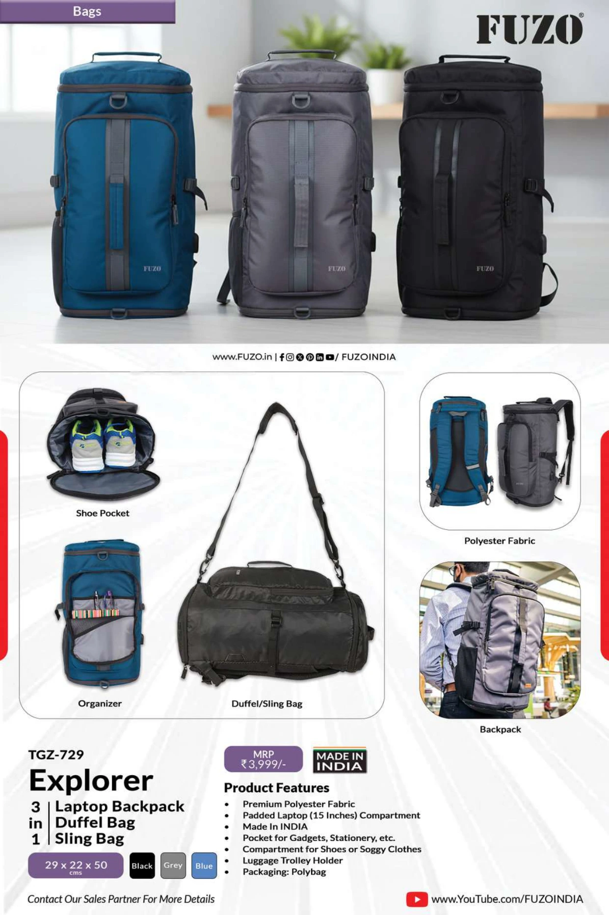 TGZ-729 Explorer Laptop 3 in 1 Backpack Duffel Bag  Sling Bag