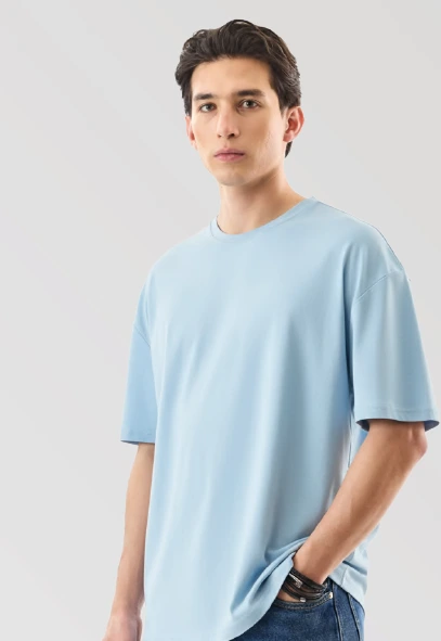 Oversized Fit Round Neck-Sky Blue