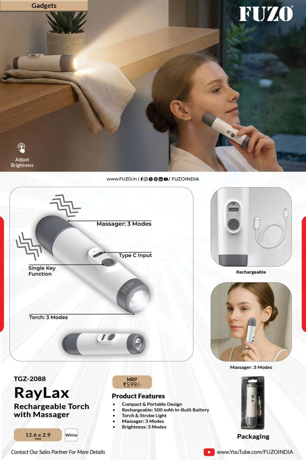 TGZ-2088 RayLax Rechargeable Torch with Massager