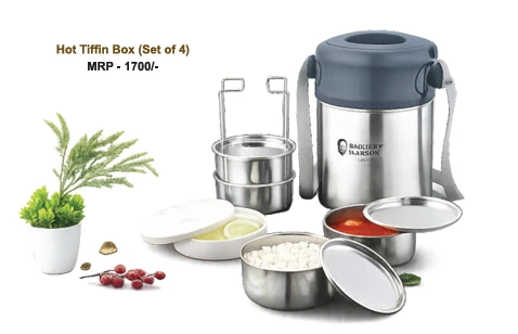 Sanjeev Kapoor by Classic Essentials 4-Piece Stainless Steel Leak-Proof Insulated Lunch Box Set | 4 Containers (300ml Each) + 200ml Salad Container | Airtight, Office & Travel Friendly