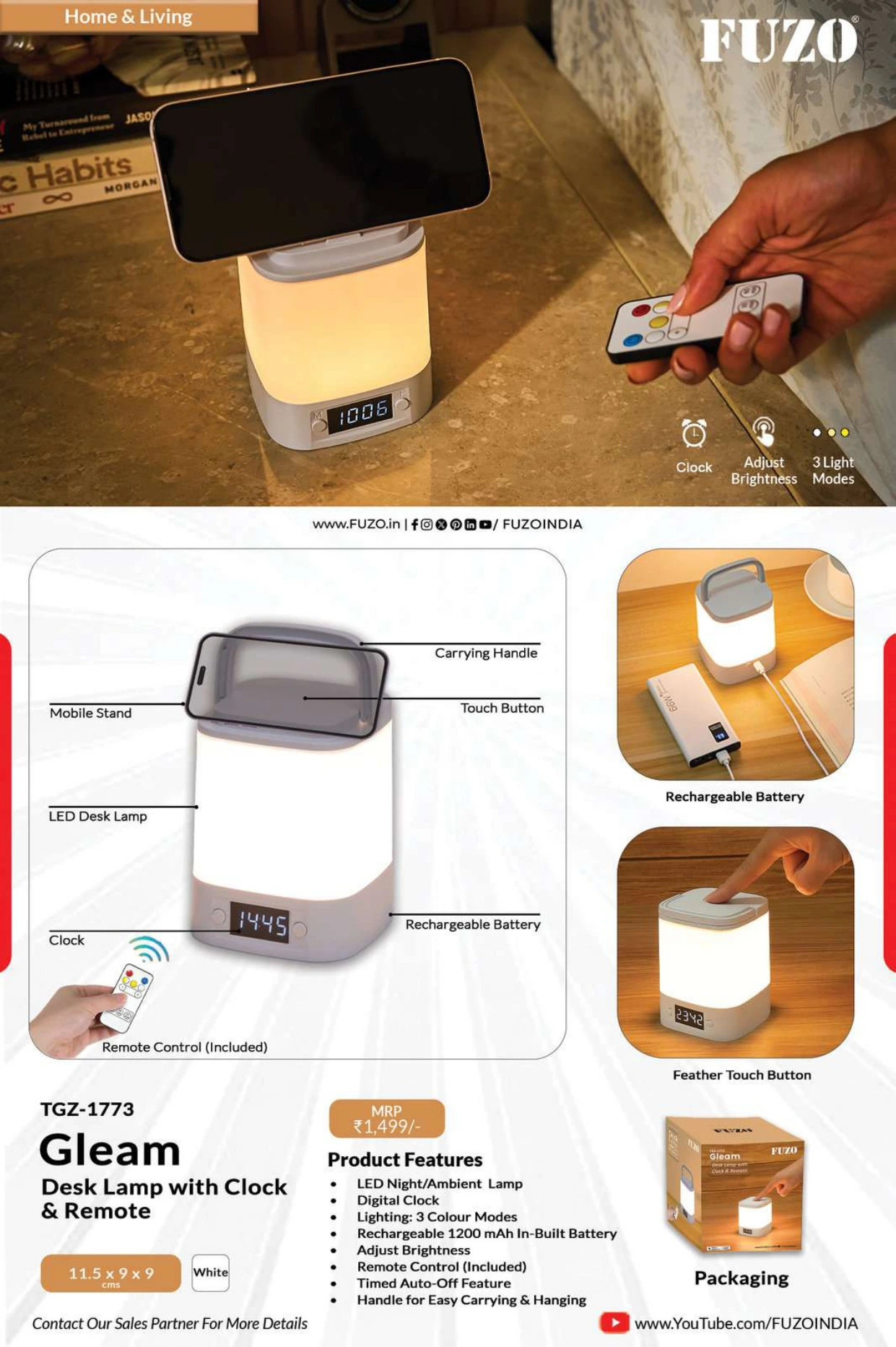 TGZ-1773 Gleam Desk Lamp with Clock & Remote