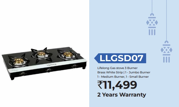 LLGSD07 Lifelong Gas stove 3 Burner Brass White Strip | 1 - Jumbo Burner 1 - Medium Burner, 1 - Small Burner