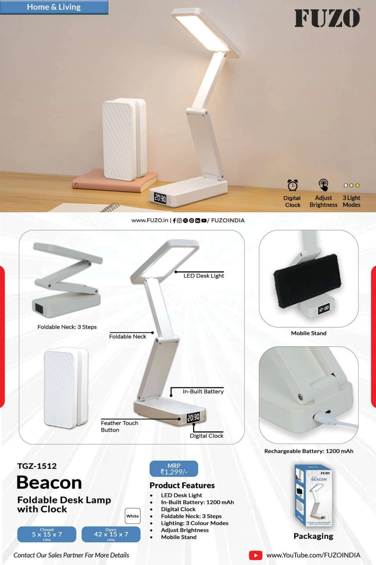 TGZ-1512 Beacon Foldable Desk Lamp with Clock
