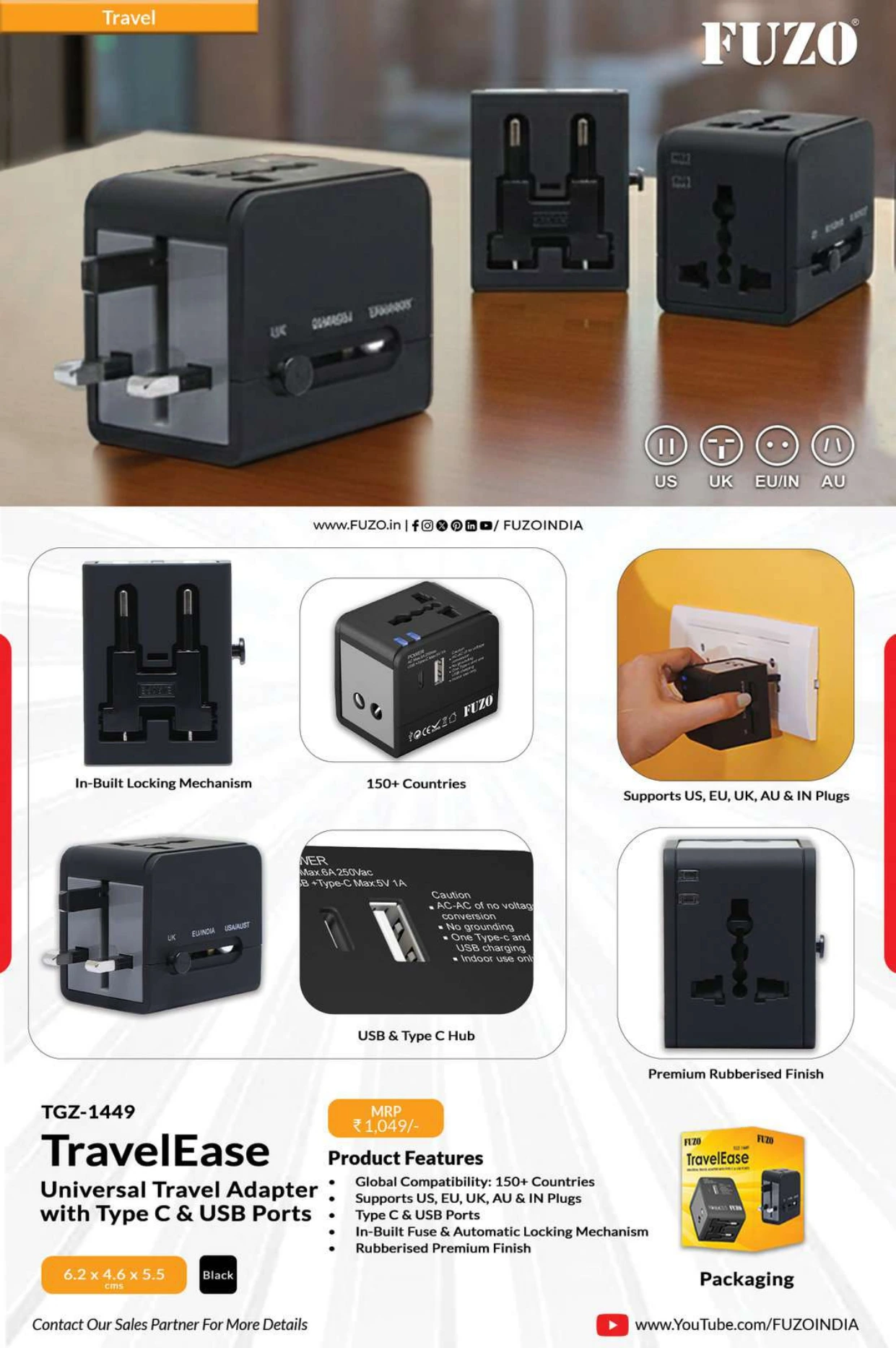 TGZ-1449 TravelEase Universal Travel Adapter with Type C & USB Ports