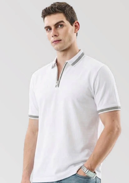 Textured Zipper Polo-White