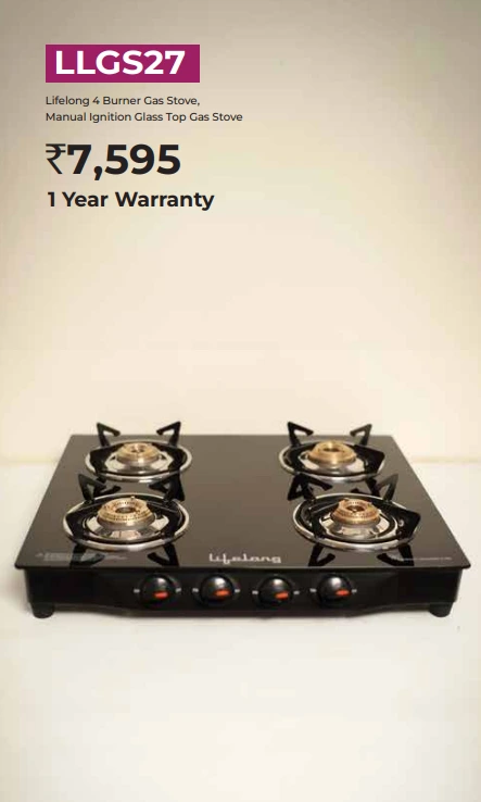 LLGS27 Lifelong 4 Burner Gas Stove, Manual Ignition Glass Top Gas Stove 