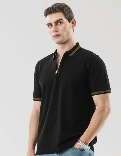 Textured Zipper Polo-Black