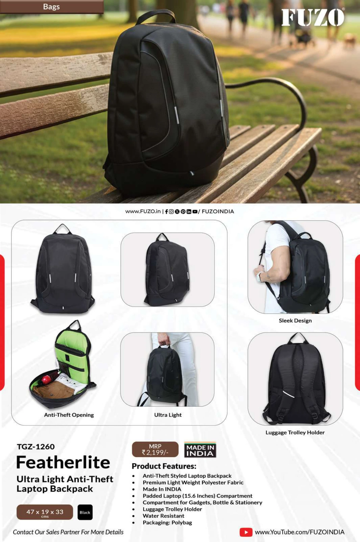 TGZ-1260 Featherlite Ultra Light Anti-Theft Laptop Backpack