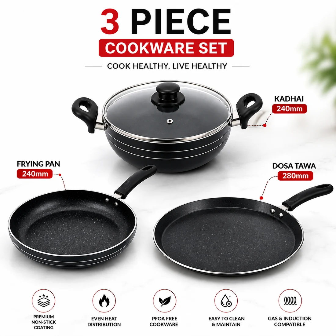 Non Stick Cookware Set Kadhai, Frying Pan, Dosa Tawa